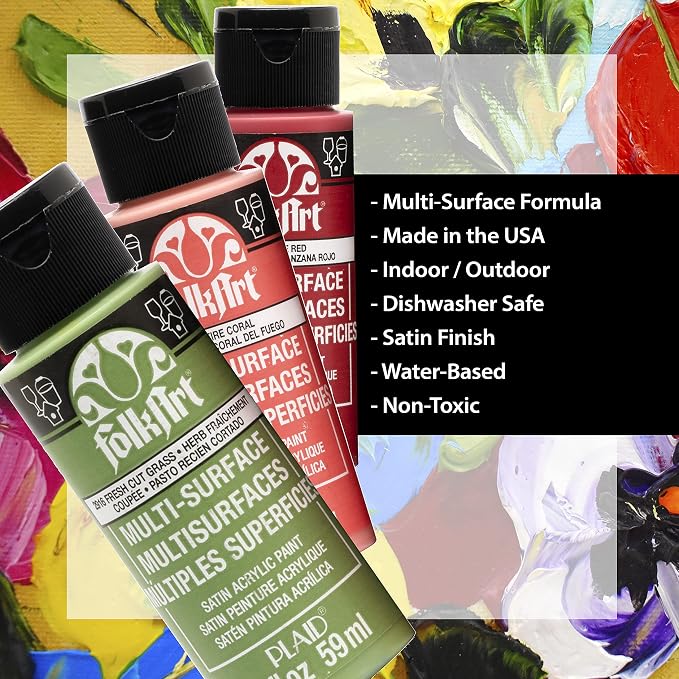 FolkArt Color, 10 Bottle Multi-Surface Acrylic Paint Set, 2oz, Brights