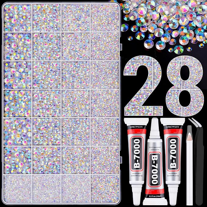 30000Pcs Resin Rhinestones for Bedazzling with Tweezers, Transparent AB Rhinestones for Crafting with 3Pcs 10ml B7000 Jewelry Glue for DIY Crafts Clothing Tumblers Shoes Fabric Nail Art