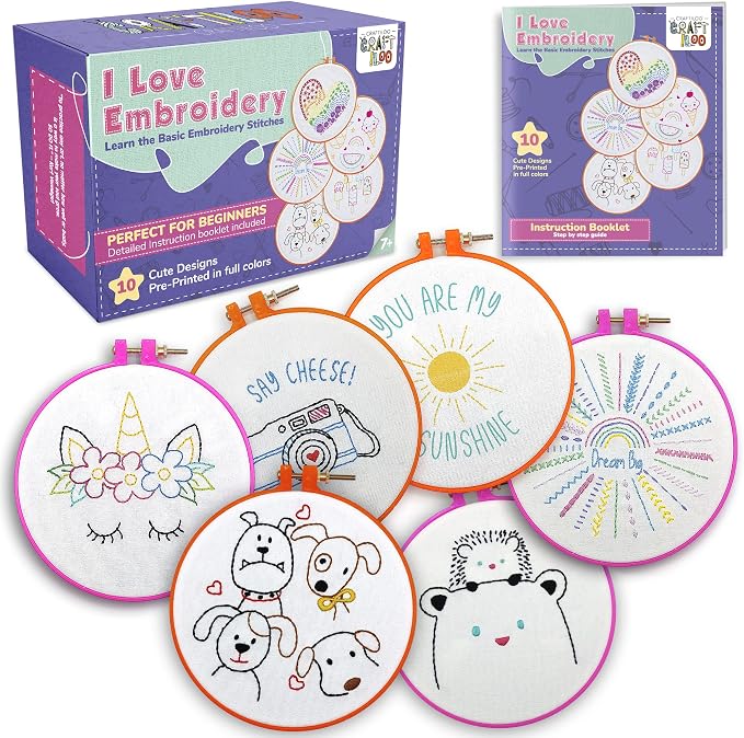 Embroidery Kit for Kids Ages 7-13 - 10 Pre-Stamped Beginner Patterns