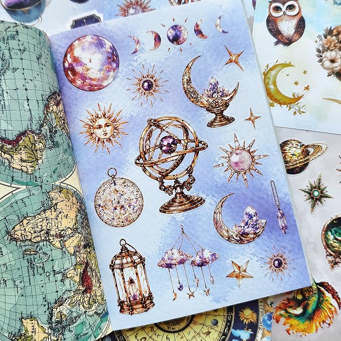 PRSTINCOL Vintage Astrology Sticker Book with Celestial Papers, 40 Pages