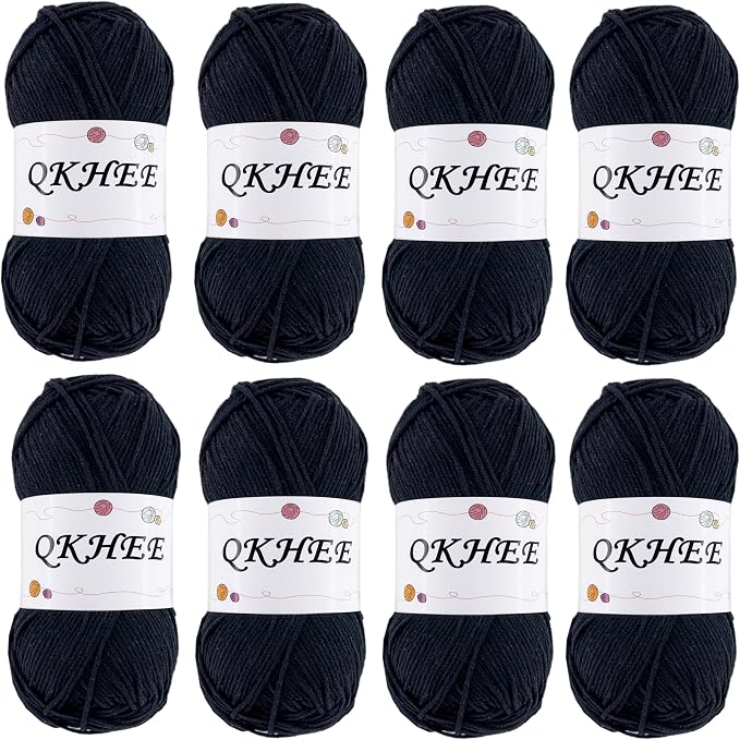 Yarn for Crocheting and Knitting 8 * 1.76 Oz (50G) /195yd, Fine/Fingering Weight (1), 60% Cotton 40% Acrylic Soft Yarn kit for Making Granny Squares and amigurumi (Black)