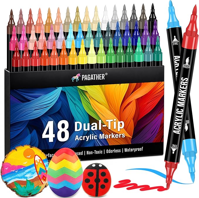 Pagather Acrylic Paint Markers, 48 Colors Dual Tip Fine & Brush Pens Set | For Rocks, Fabric, Wood, Glass & More, Perfect for DIY Crafts and Creative Art Projects with Bright, Smooth and Quick-Dry Ink