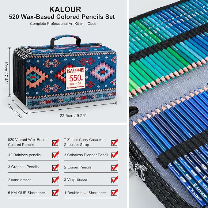KALOUR 550 Colored Pencils Set with Large capacity Zipper Case,Soft Core with Vibrant Color,Ideal for Coloring Drawing Sketching Crafting, Art Supplies for Adults Artists Beginners