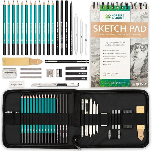 Norberg & Linden XL Drawing Set - Sketching, Graphite and Charcoal Pencils. Includes 100 Page Drawing Pad, Kneaded Eraser, Blending Stump. Art Kit and Supplies for Teens and Adults