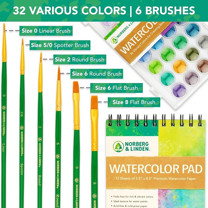 Norberg & Linden Watercolor Paint Set - 36 Premium Paints - 12 Page Pad - 6 Brushes - Painting Supplies with Palette, Watercolors, Art Pad Paper and Artist Brushes