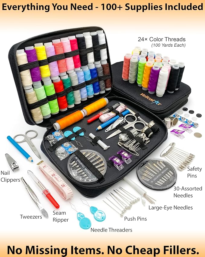 Vellostar Sewing Kit for Men & Adults - 100-Piece Navy Blue Beginner Set | 100-piece navy blue sewing kit with 36 needles, thread, scissors, and a durable travel case
