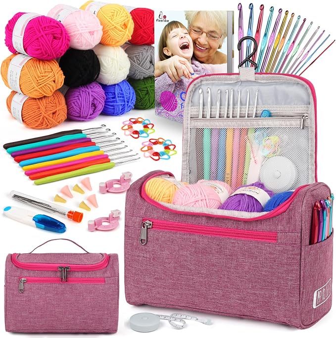 Aeelike Crochet Kits for Beginners Adults Kid, Complete Crochet Set, Pink | Crochet Kit for Beginners Young and Old, All-inclusive Kit with Crochet Hooks 655 Yards Yarn Instruction Knit Bag, Ideal Gift