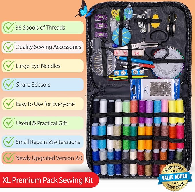Vellostar Large Sewing Kit for Adults, 150-Piece Set, 36 Colors, 30 Needles | Easy enough to be a first home hand sewing kit, ready to mend a hem, fix a stuffed toy, or replace a button in minutes