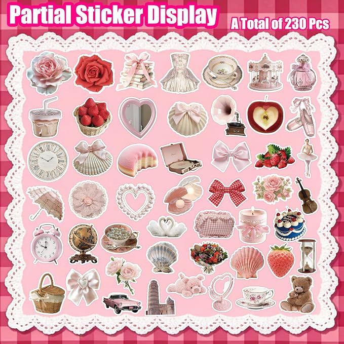 230pcs Coquette Stickers Cute Vinyl Laptop Waterproof Aesthetic Pink Pack for Girls Water Bottles Laptop Computer Phone Guitar (230pcs Coquette Stickers)