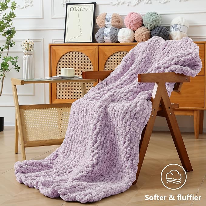 Cozyful Chunky Yarn for Hand Knitting - #10 Chunky Chenille Yarn, Jumbo Big Thick Chunky Yarns for Crocheting, Super Bulky Chunky Knit Blanket Yarns, 8 Skein (22 yds 8 oz Each Skein), Lavender Fog