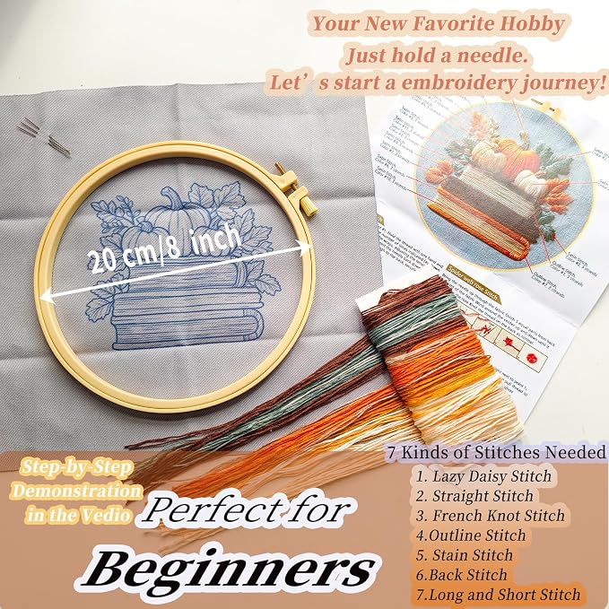 FONNUY Fall Embroidery Kit, Handmade Autumn Wreath Pre-Stamped Pattern for Beginners, Thanksgiving Harvest Home Decor, 8'' Hoop (Pumpkin Book)