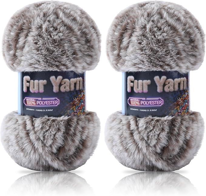 Faux Fur Yarn Soft Fluffy for Crocheting - 2 Skeins(Each 3.5oz/100g, 71yd/65m) - Chunky & Fluffy Yarn for Crochet Amigurumi, Blankets, Hand Knitting, Scarves &Crafts (2, Flax Brown)