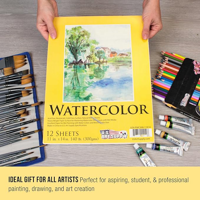 U.S. Art Supply 12" x 16" Premium Heavyweight Watercolor Paper Pad, 2-Pack
