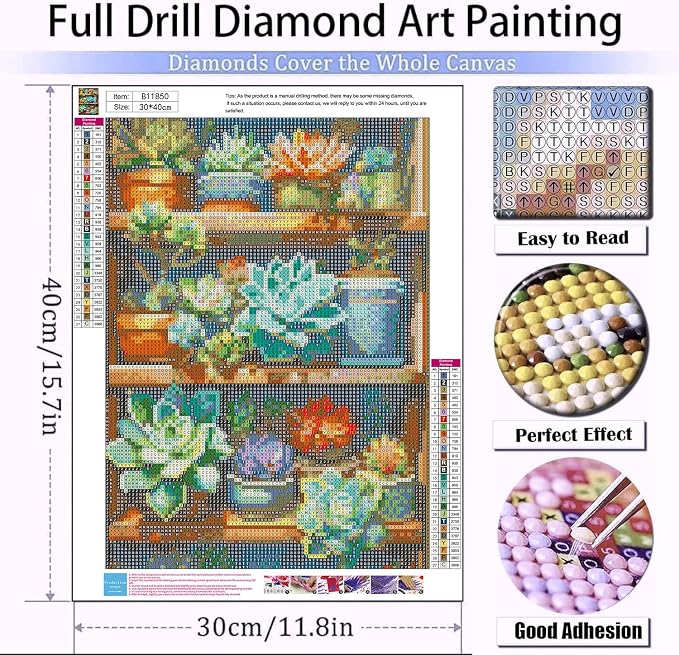Diamond Art Kits for Adults Plant Succulents Diamond Painting Kit 12x16in | 5D Plant Diamond Art Painting Kit for Adult, DIY Full Round Drill Flowers Gem Art Diamond Dots Kits for Home Wall Decor Gift