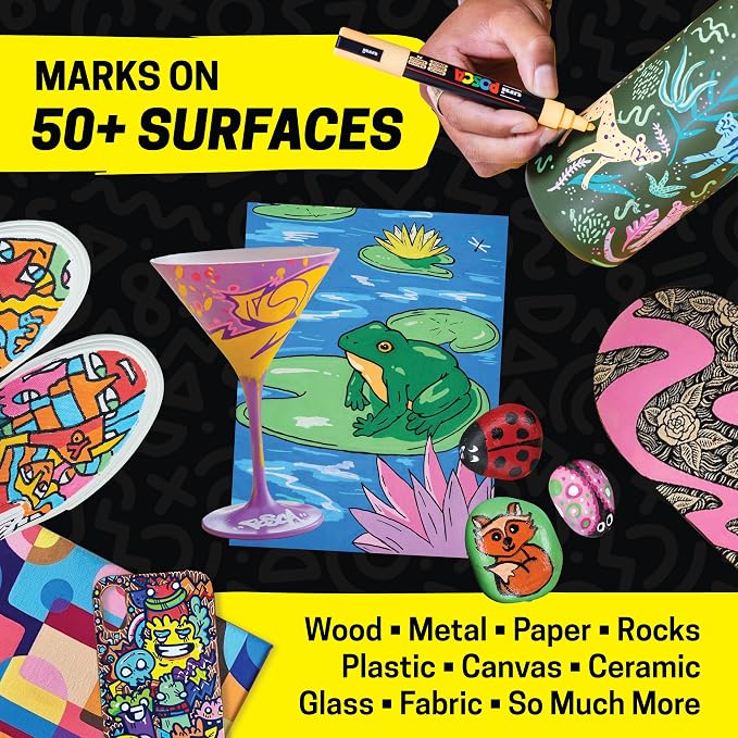 uni Posca Acrylic Paint Art Markers, Set of 12 Extra Fine Point Thin Paint Pens for Coloring Gifts, Fabric, Metal, Glass, Rocks, Wood and Canvas, Assorted Colors, PC1M12C