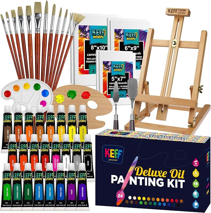 KEFF Oil Paint Set for Adults and Kids - Art Supplies Painting Kits with 24 Oil Paints, Stretched Canvas, Art Easel, Brushes, Palette, Knives and Paper Pad