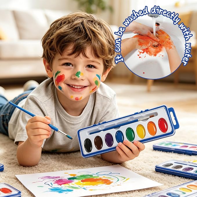 24 Pack Water Colors Paint Set for Kids, Washable Non-Toxic Watercolor Paints with Brushes – Water Color Set for Classroom, Parties & Art Activities