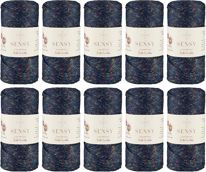 S Sensy 2mm Multi Sparkle - Polypropylene Macrame Cord 10 Skeins, Navy Blue