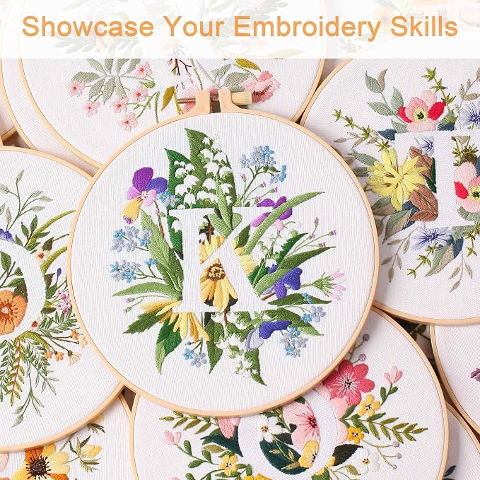 Harimau Letter K Pattern Embroidery Kit for Adult Beginners, Complete Starter Pack with 1 Hoop, Needles, Instruction Guide & Embroidery Stitch Video Tutorials