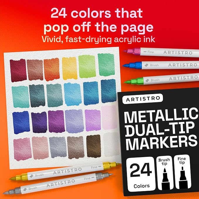 ARTISTRO 24 Metallic Dual-Tip Acrylic Paint Marker Pens for Drawing | For Fabric, Rock, Glass, Wood, & Molds, Arts & Crafts Gift for Adults, Teens, & Kids, Classroom Must Haves & School Supplies