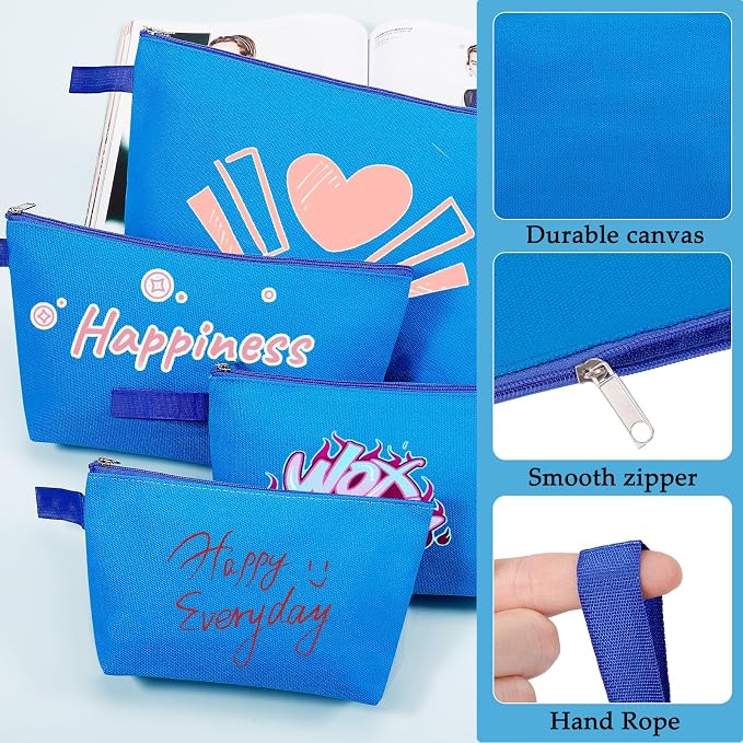 10 Pieces Cotton Canvas Makeup Bag with Bottom and Strap, Multi-Purpose Cosmetic Bag with Zipper Travel Toiletry Pouch, Blank DIY Craft Bag (Blue, S)
