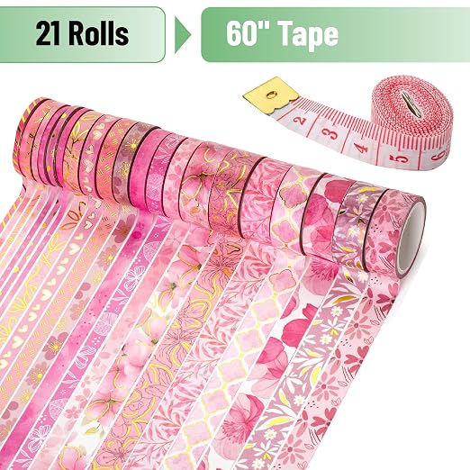 Mr. Pen- Washi Tape Set, 21 Rolls, Assorted Sizes, Floral Pink | 5.5 Yards/Roll, Washi Tape for Scrapbook, Arts, Crafts, Journals and Planners