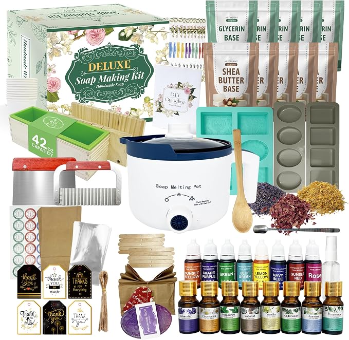 PIUH Deluxe Sopa Making Kit with Soap Supplies for Adults DIY Soaps Maker | DIY Soap Full Set Kits Includes Soap Melter, 4 lb Soap Base, 8 Essencial Oils, Silicone Loaf Molds & Scraper, Cutters, 8 Dyes