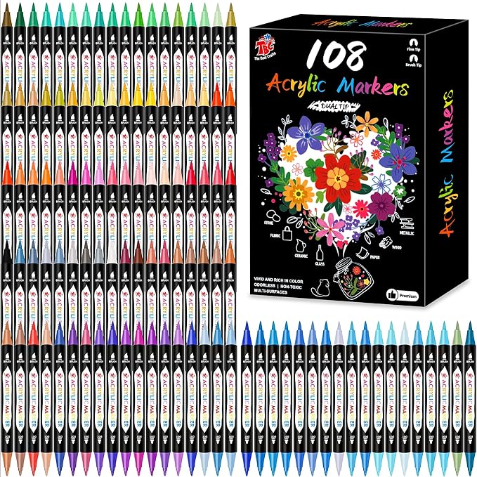 TBC The Best Crafts Acrylic Paint Markers, 108 Colors Dual Tip – Waterproof, Non-Toxic, Fast-Drying Art Pens for Rock Painting, Wood, Glass, Ceramic, Fabric