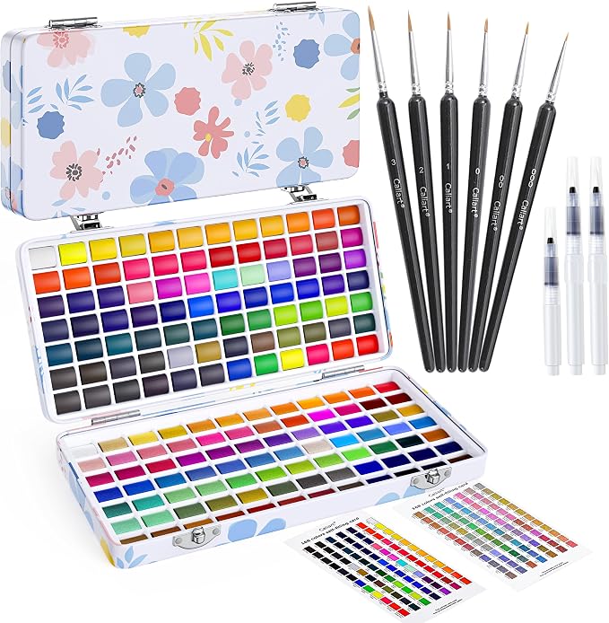 Caliart 168 Colors Watercolor Paint Set, Portable Art Supplies Palette Kit | Water Color Paints with Detail Paintbrush, Art Coloring Painting Gifts for Adults Professionals Beginners Artists