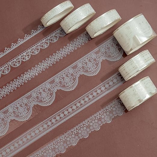 6 Rolls Lace Patterns PET Tapes Floral Arts Decorative Tape Set Adhesive Transparent Masking Tapes for DIY Craft, Kids, Scrapbook, DIY, Gift Wrapping, Journal (Pure White)