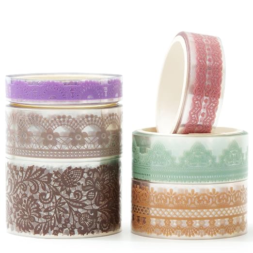 6 Rolls Lace Patterns PET Tapes Floral Arts Decorative Tape Set Adhesive Transparent Masking Tapes for DIY Craft, Kids, Scrapbook, DIY, Gift Wrapping, Journal (Gentle and Graceful)