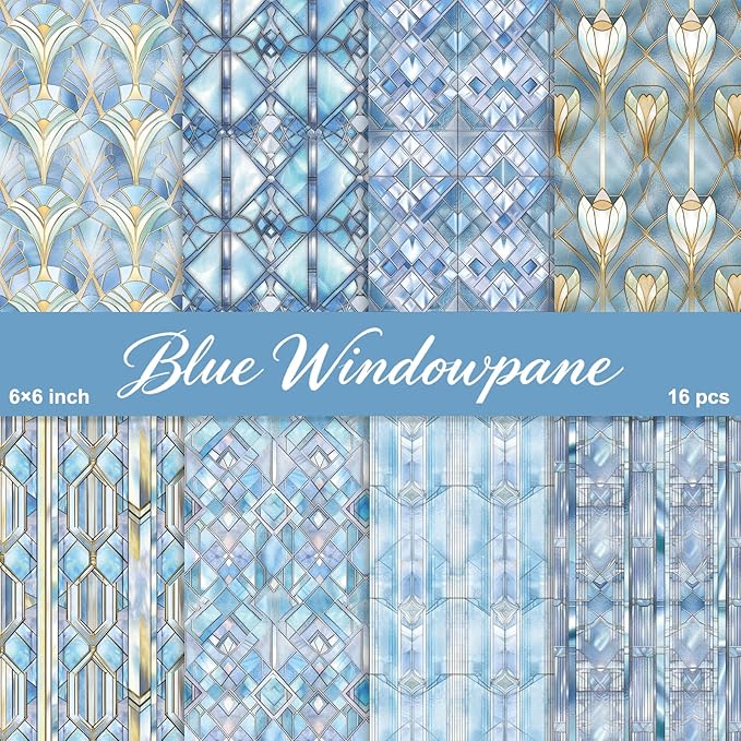 PRSTINCOL Scrapbook Paper,16 Sheets 6 x 6 Inch Blue Windowpane Style Scrapbook Supplies,Single-Sided Vivid Origami Decoupage Paper for DIY Crafts, Card Making, Art Journaling