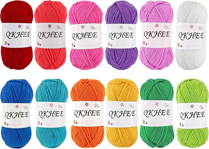 Yarn for Crocheting and Knitting 12 * 1.76 Oz (50G) /195yd, Fine/Fingering Weight (1), 60% Cotton 40% Acrylic Soft Yarn kit for Making Sweater and amigurumi (Rainbow)