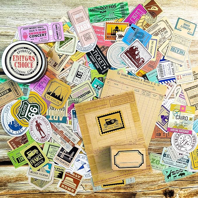 Prstincol 300 Pcs Vintage Travel Stickers Ticket Stickers for Journaling,Luggage Sticker Stub Vintage Sticker for Junk Journal Crafts Laptop Water Bottle Album Scrapbook