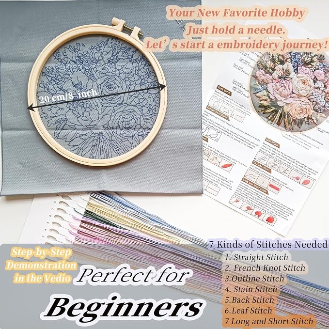 FONNUY Bouquet Flowers Embroidery Kit for Beginners, Pre-Stamped Pattern Kits for Adults with Hoop, Easy to Follow Color Thread Needlework, 8'' Hoop (Heartwarming)