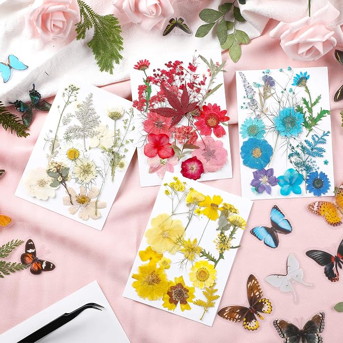 Augshy Real Dried Pressed Flower Set with Butterfly Transparent Stickers Scrapbook Decals Natural Dried Flowers Leaves with Tweezers for Resin Supplies DIY Candle Jewellery Making