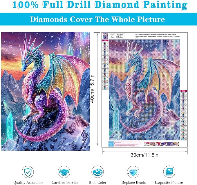 Meothan Diamond Art Kits for Adults Dragon Diamond Painting Kit 12x16in | 5D Dragon Diamond Art Painting Kit for Adult, DIY Full Round Drill Paint with Diamond Dots Crystal Dragon Gem Art Crafts Kits