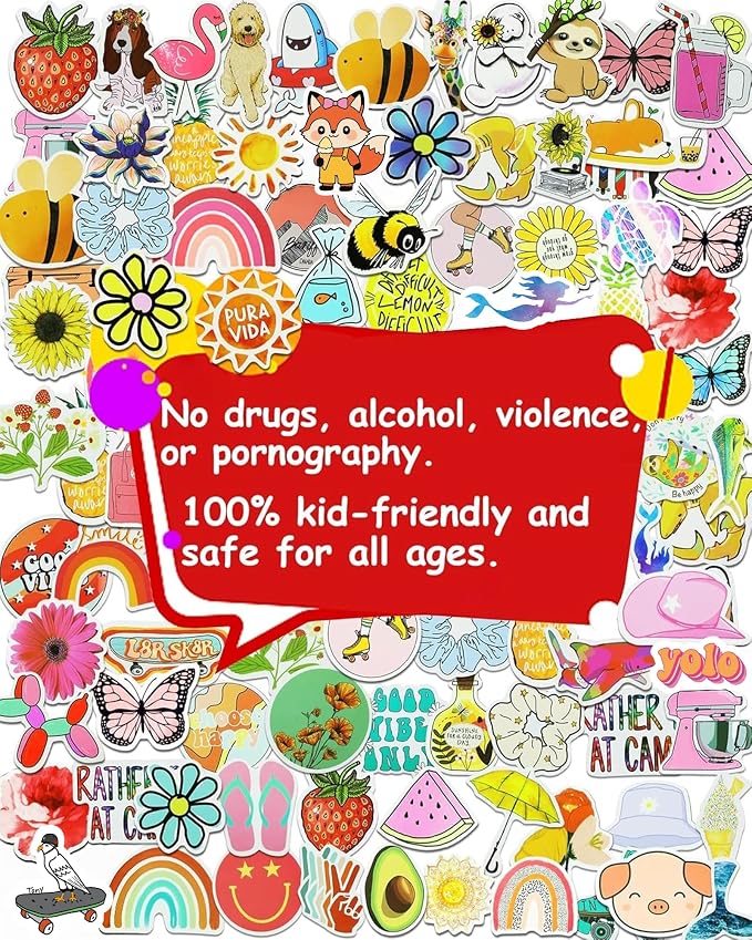 200 Pcs Cute Aesthetic Water Bottle Stickers for Kids, Waterproof Vinyl | Fun No-Repeat Designs Made with Durable Waterproof Vinyl, Great for Kids' Water Bottles, Crafts, Classroom Rewards, Gifts