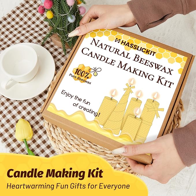 HASSLICKIT Natural Beeswax Candle Making Kit for Beginners-12 Beeswax Sheets for Candle Making Rolling DIY Kits (Natural Yellow Color, 8 x 8 inch)