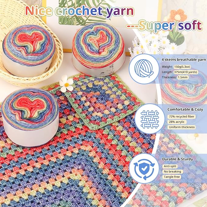 Coopay Crochet Blanket Kit for Beginners Adults w/Step-by-Step Instructions | Complete Crochet Kits with 600g Soft Crochet Yarn & Ergonomic Crochet Hooks, Granny Square Blanket Kit for Beginners Gift