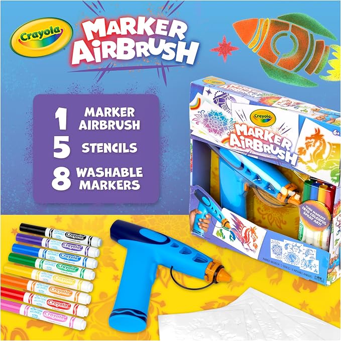 Crayola Marker Airbrush Spray Art Kit, 8 Washable Markers, 5 Stencils