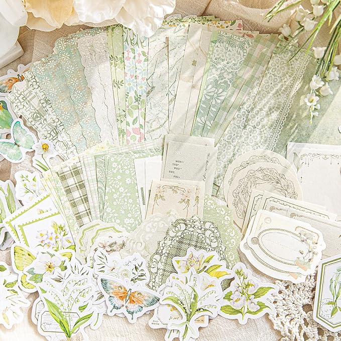 OKUPAN Vintage Floral Scrapbook Supplies Kit with Scrapbook Paper & Journaling Stickers (100pcs) - (Green) Junk Journal Supplies for Bullet Journaling, Retro Crafts, Planner, Mixed Media, Card Making