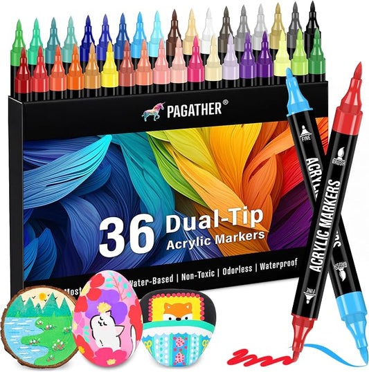Pagather Acrylic Paint Markers, 36 Colors Dual Tip Fine & Brush Pens Set | For Rocks, Fabric, Wood, Glass & More, Perfect for DIY Crafts and Creative Art Projects with Bright, Smooth and Quick-Dry Ink