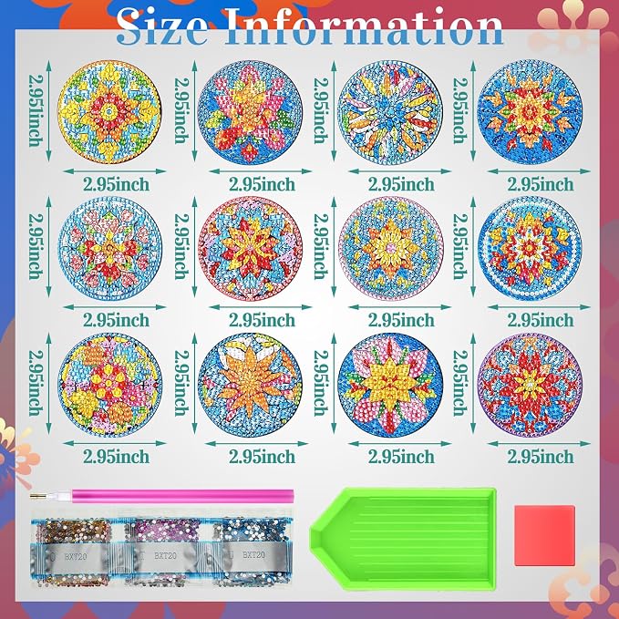 Zonon 12 Pcs Diamond Art Magnets Mandala Diamond Painting Kits Fridge | Multicolor Mandala Flowers, Painting Magnetic Stickers for Adults, Fridge Home Decor, Art Kit with Colorful Designs
