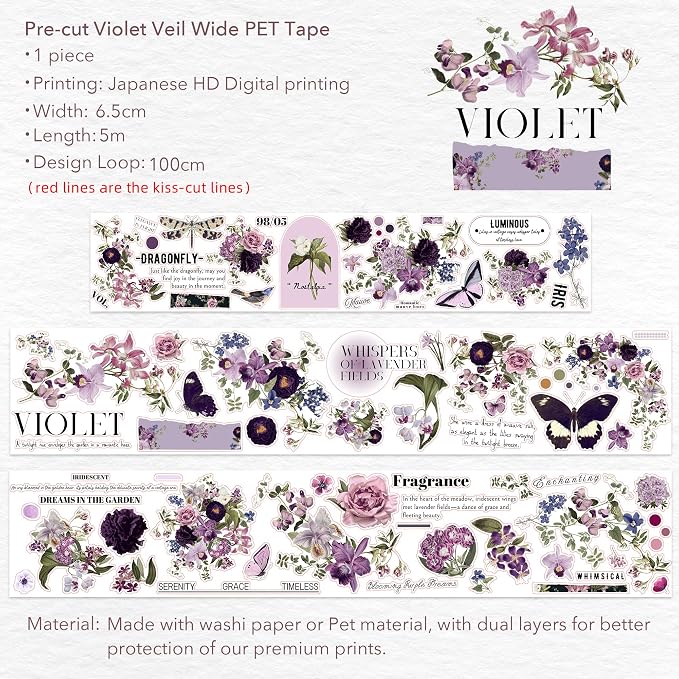 WT Pre-Cut Violet Veil Wide PET Tape, Single Roll, Soft Lilac Blossoms & Misty Backgrounds with Elegant Script, Transparent Decorative Tape for Journaling, Scrapbooking, Planner, DIY Crafts, 65mm x 5m
