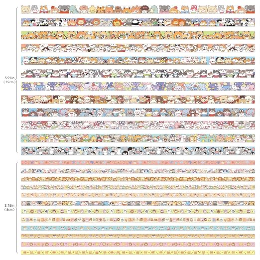24 Rolls Colorful Cute Cartoon Animal Writable Washi Tape Set, Decorative Tapes for Scrapbooking and Journaling, Junk Journal Supplies, Bullet Journaling for Women Girl 8-15mm Wide 9.84ft Long/Roll