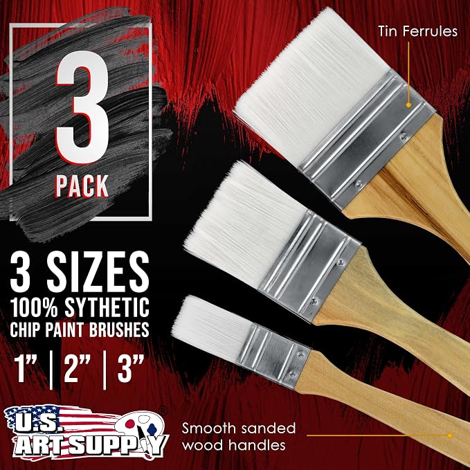 U.S. Art Supply 3 Pack of Variety Size Synthetic Bristle Paint, Chip and