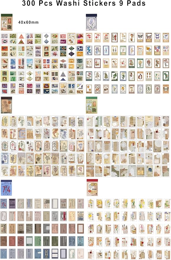 PRSTINCOL Washi Stickers Book, 6 Sets 300 Pcs | Vintage Aesthetic Sticker Set, Journaling Scrapbook Decoration Bullet Journal, Stamps Flowers Ticket Theme