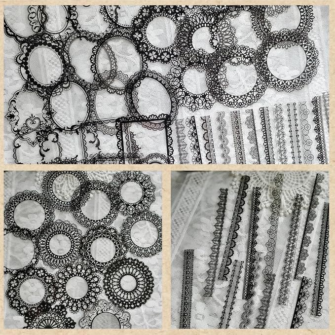 PRSTINCOL 120 PCs Lace Scrapbook Stickers,Waterproof Cutout Transparent Sticker PET Transparent Lace Stickers for Scrapbooking DIY Decoration Making Notebook Frame Album Handmade(Black)