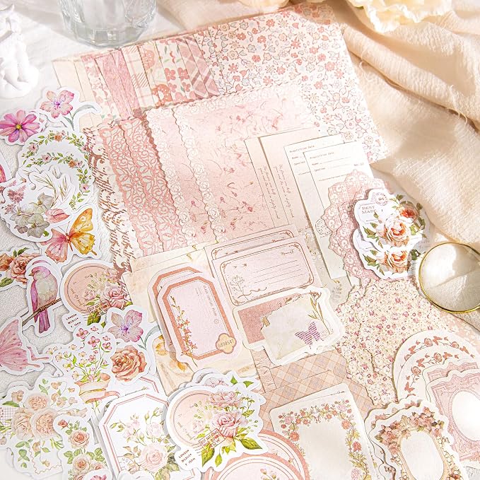 OKUPAN Vintage Floral Scrapbook Paper & Journaling Stickers (100pcs) Assorted Set (Pink) - Scrapbook Supplies Kit for Bullet Journaling, Retro Crafts, Planner, Mixed Media, Collage Card Album